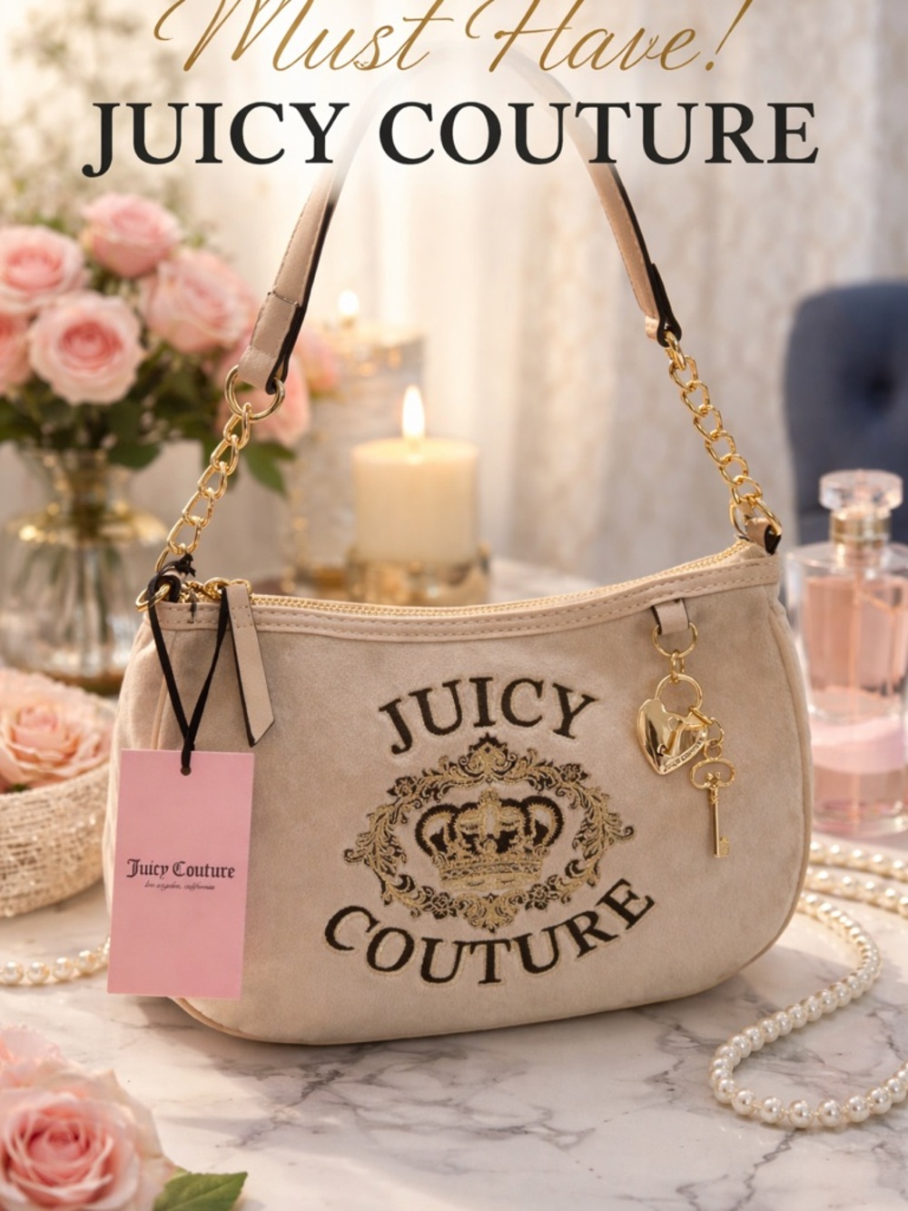 Juicy Couture Cream-Beige Suede Shoulder Bag with Gold Charm